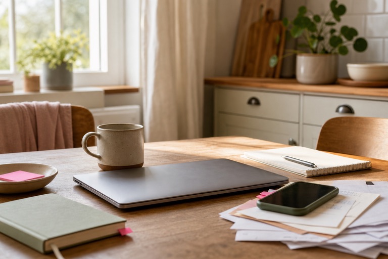 Quiet morning kitchen table with coffee, laptop, notebook and papers